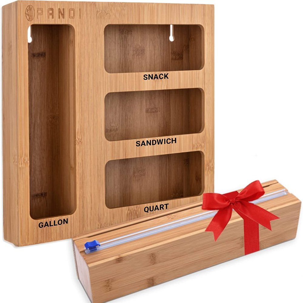 Panoi Bamboo Ziplock Bag Storage Organizer Set & Wrap Dispenser w/ Slide Cutter